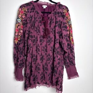 Sundance Plum Peasant Blouse with Colorful Embroidered Sleeves